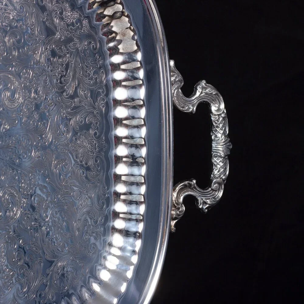 Silver Plated Serving Tray With Intricate Engraving & Handles | Leonard Silver - Picture 4 of 11